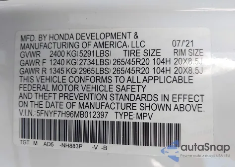 2021 Honda Passport 2Wd Touring z USA, uszkodzony, nr VIN 5FNYF7H96MB012397